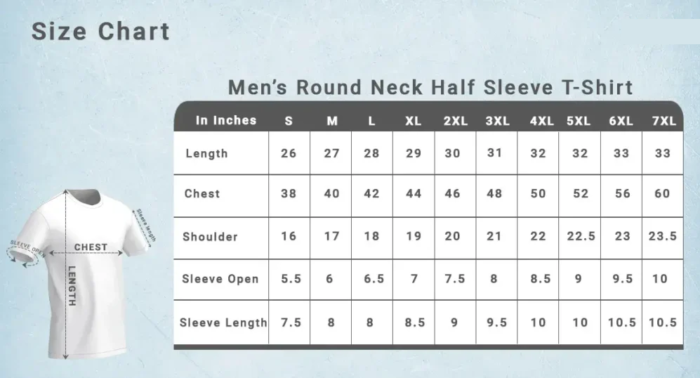 Mens half sleeve round-neck-size-chart