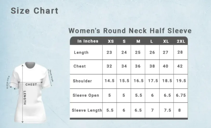 Half Sleeve size chart