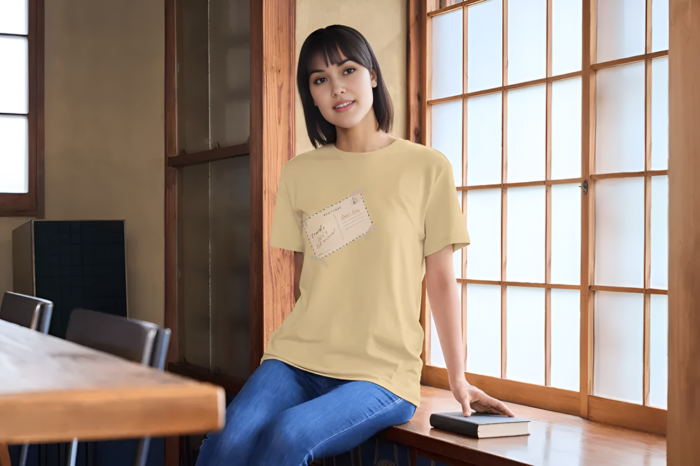 woman with a postcard printed